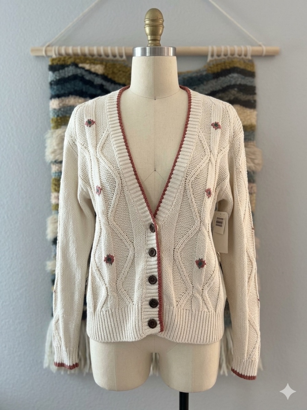 JANTZEN Grandmacore 90s Cotton Blend Button Down Cardigan Sweater Cream/Rust S